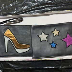 Two Carlos by Carlos Santana Black Clutch with Gold and Silver Shoe Design